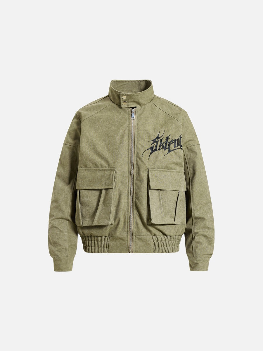 DAXUEN olive green gothic-embroidered bomber jacket