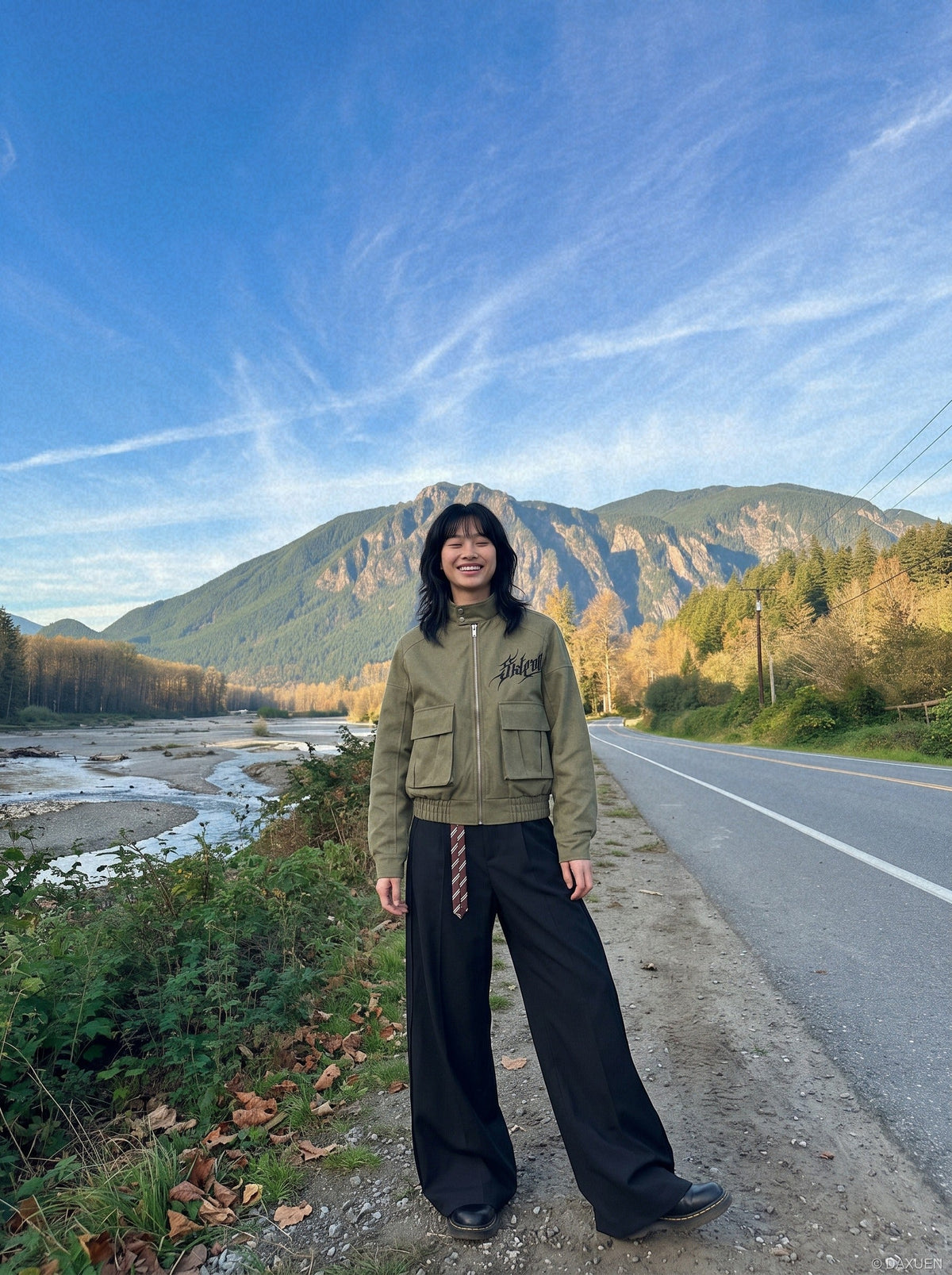DAXUEN olive green gothic-embroidered bomber jacket — model photo