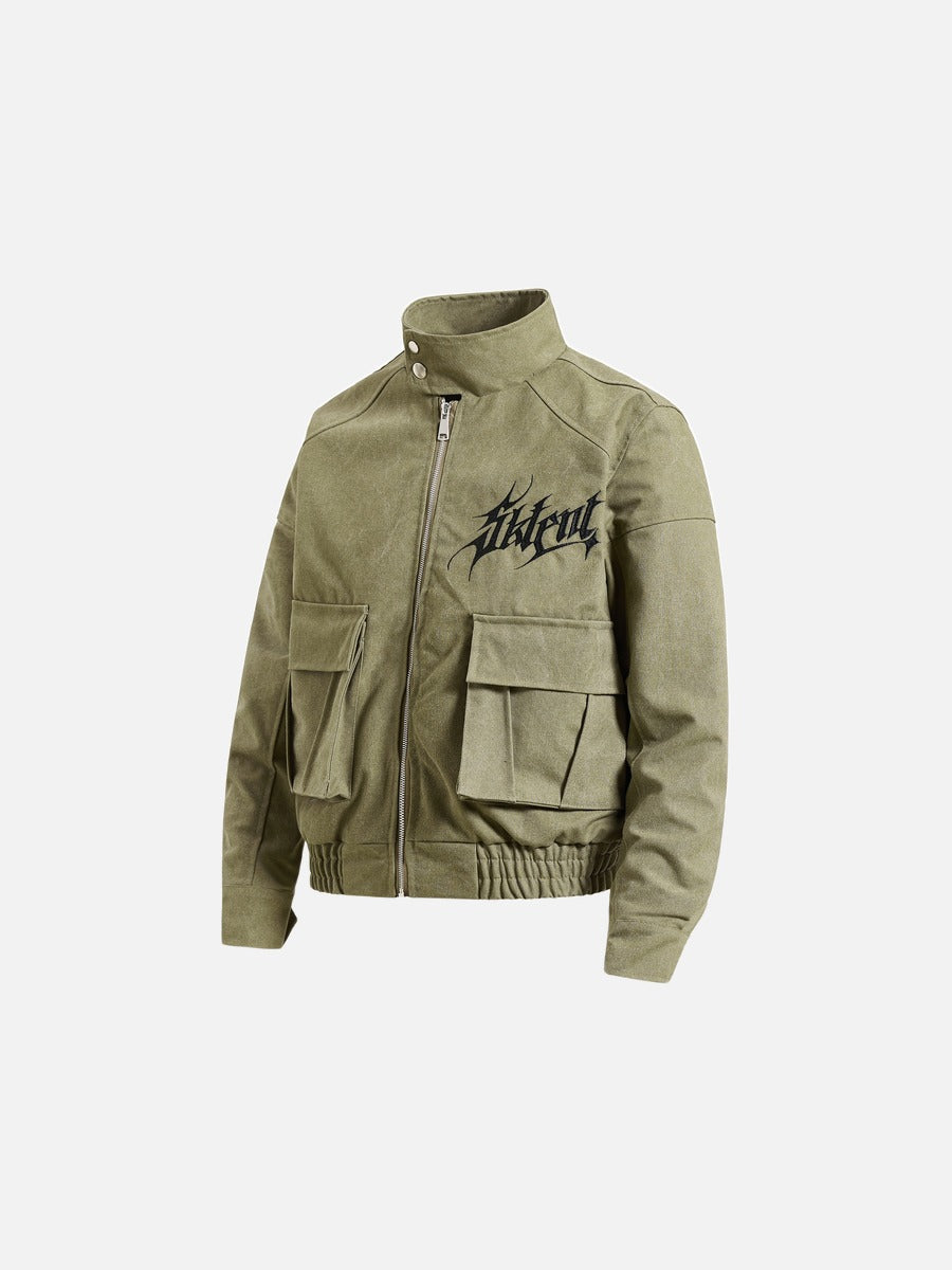 DAXUEN olive green gothic-embroidered bomber jacket