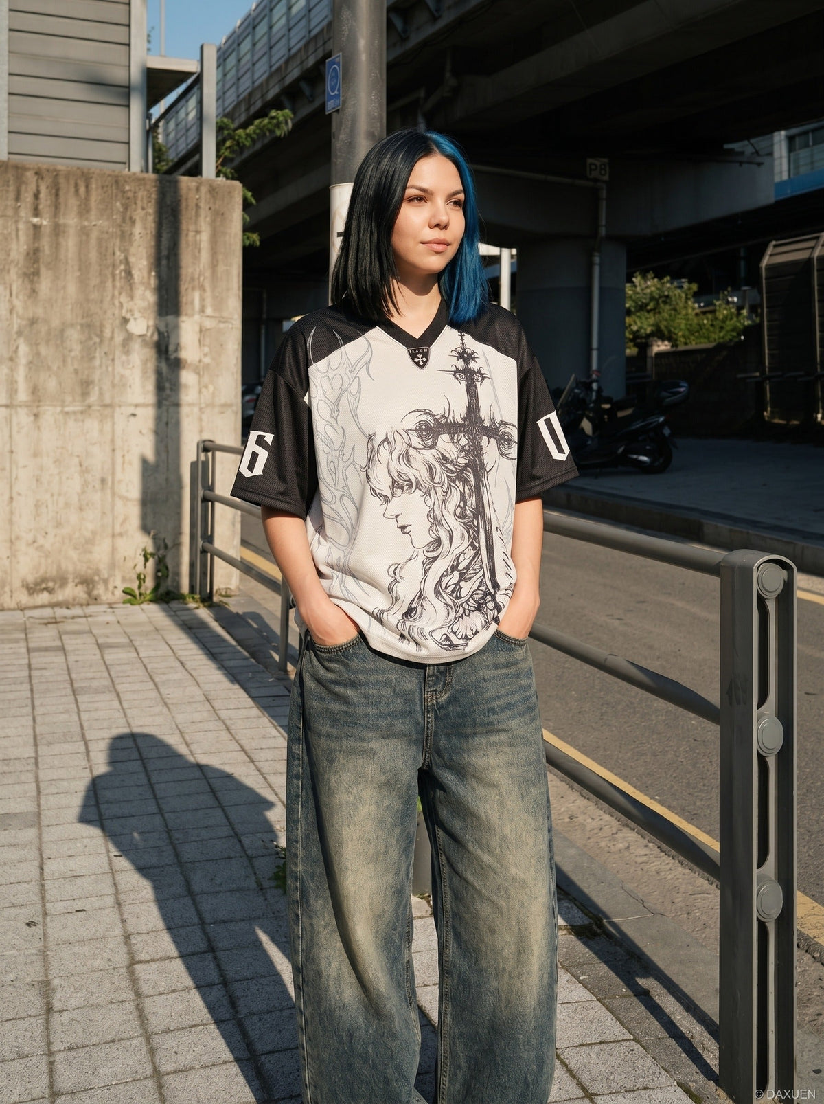 DAXUEN Gothic fantasy graphic oversized t-shirt — model photo