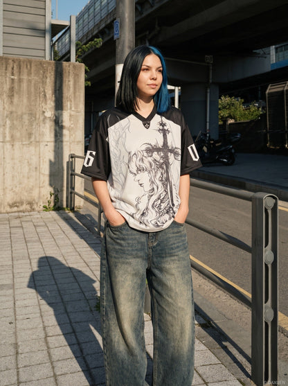 DAXUEN Gothic fantasy graphic oversized t-shirt — model photo