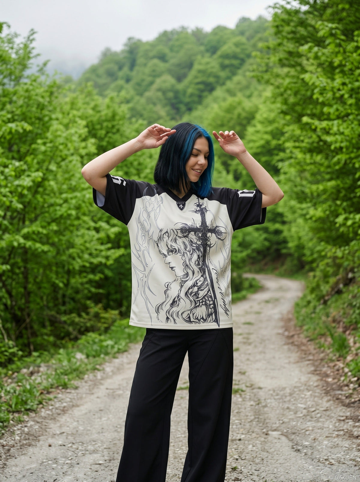 DAXUEN Gothic fantasy graphic oversized t-shirt — model photo