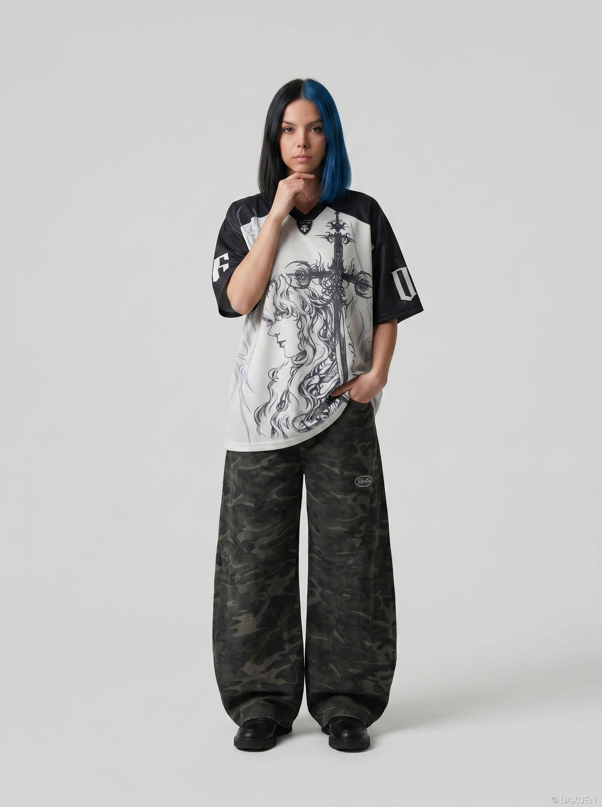 DAXUEN Gothic fantasy graphic oversized t-shirt — model photo