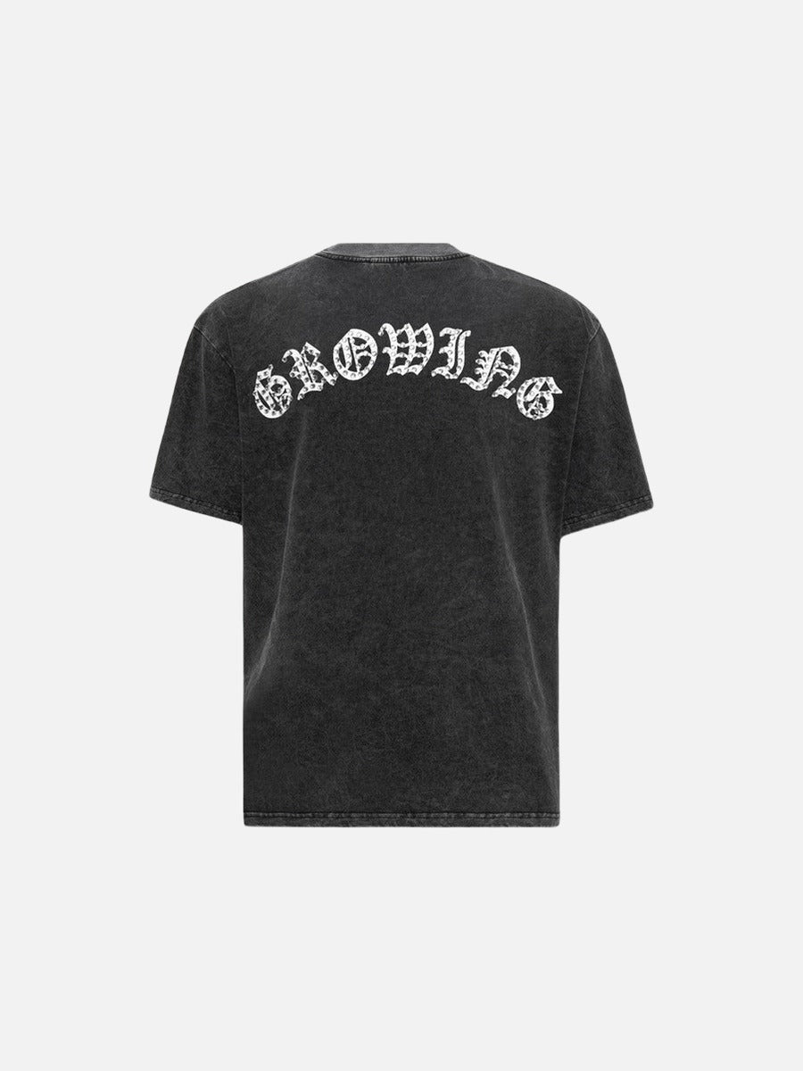 DAXUEN Gothic rhinestone graphic t-shirt in washed black