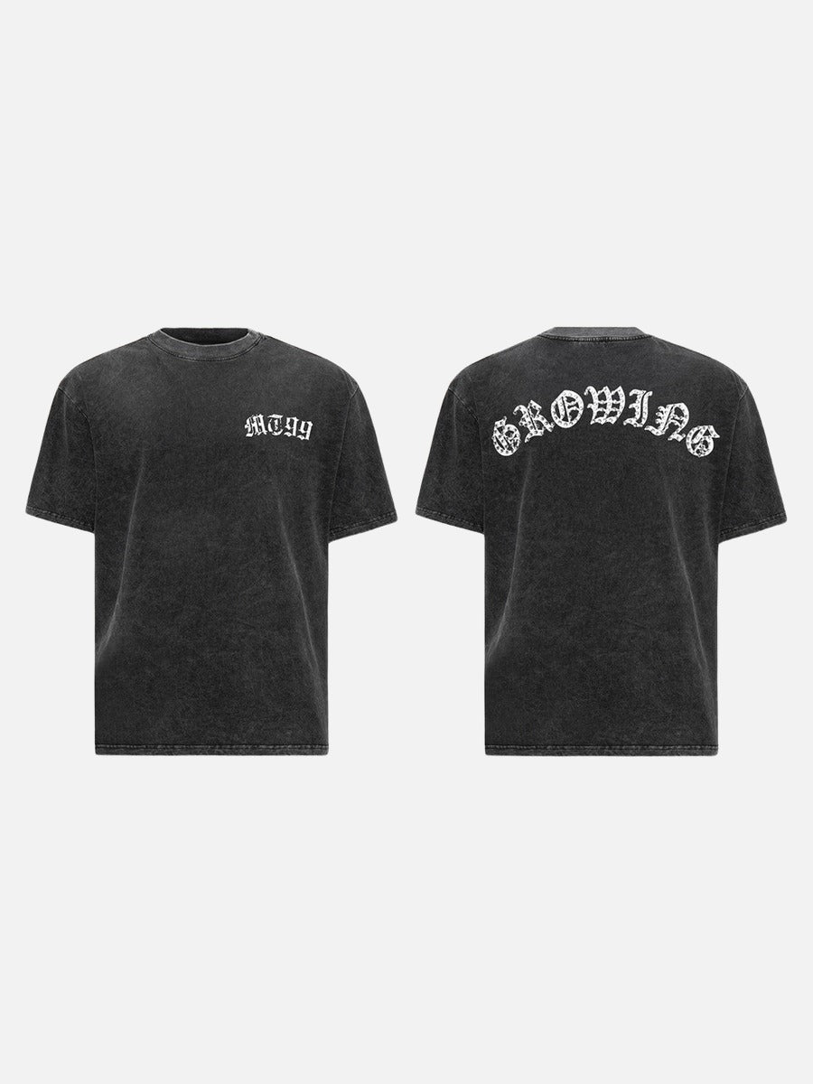 DAXUEN Gothic rhinestone graphic t-shirt in washed black