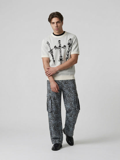 DAXUEN Gothic skull dagger graphic short-sleeve knit top — model photo