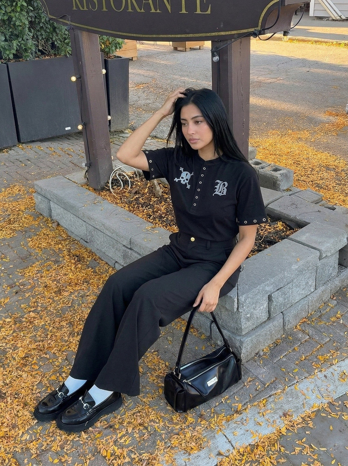 DAXUEN Gothic Skull Graphic Henley T-Shirt — model photo