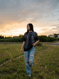 DAXUEN grey oversized gothic graphic tee — model photo