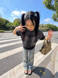 DAXUEN grey oversized gothic graphic tee — model photo