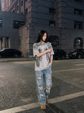 DAXUEN grey oversized gothic graphic tee — model photo