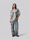 DAXUEN grey oversized gothic graphic tee — model photo