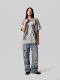DAXUEN grey oversized gothic graphic tee — model photo