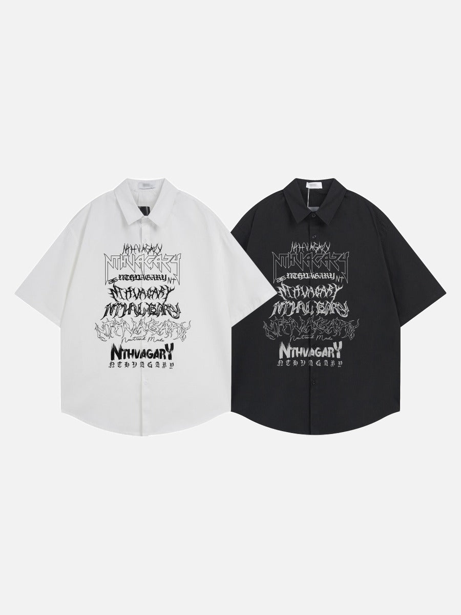 DAXUEN Gothic text button-up shirt in black and white