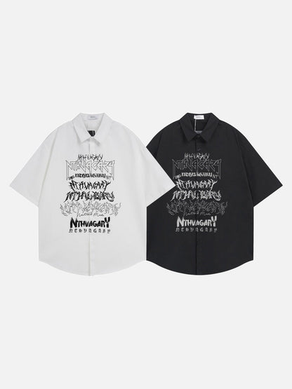 DAXUEN Gothic text button-up shirt in black and white