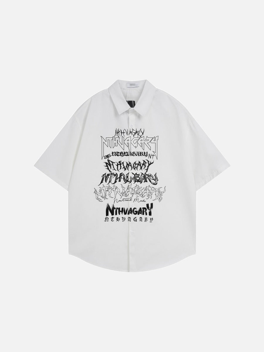 DAXUEN Gothic text button-up shirt in black and white