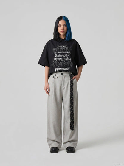 DAXUEN Gothic text button-up shirt in black and white — model photo