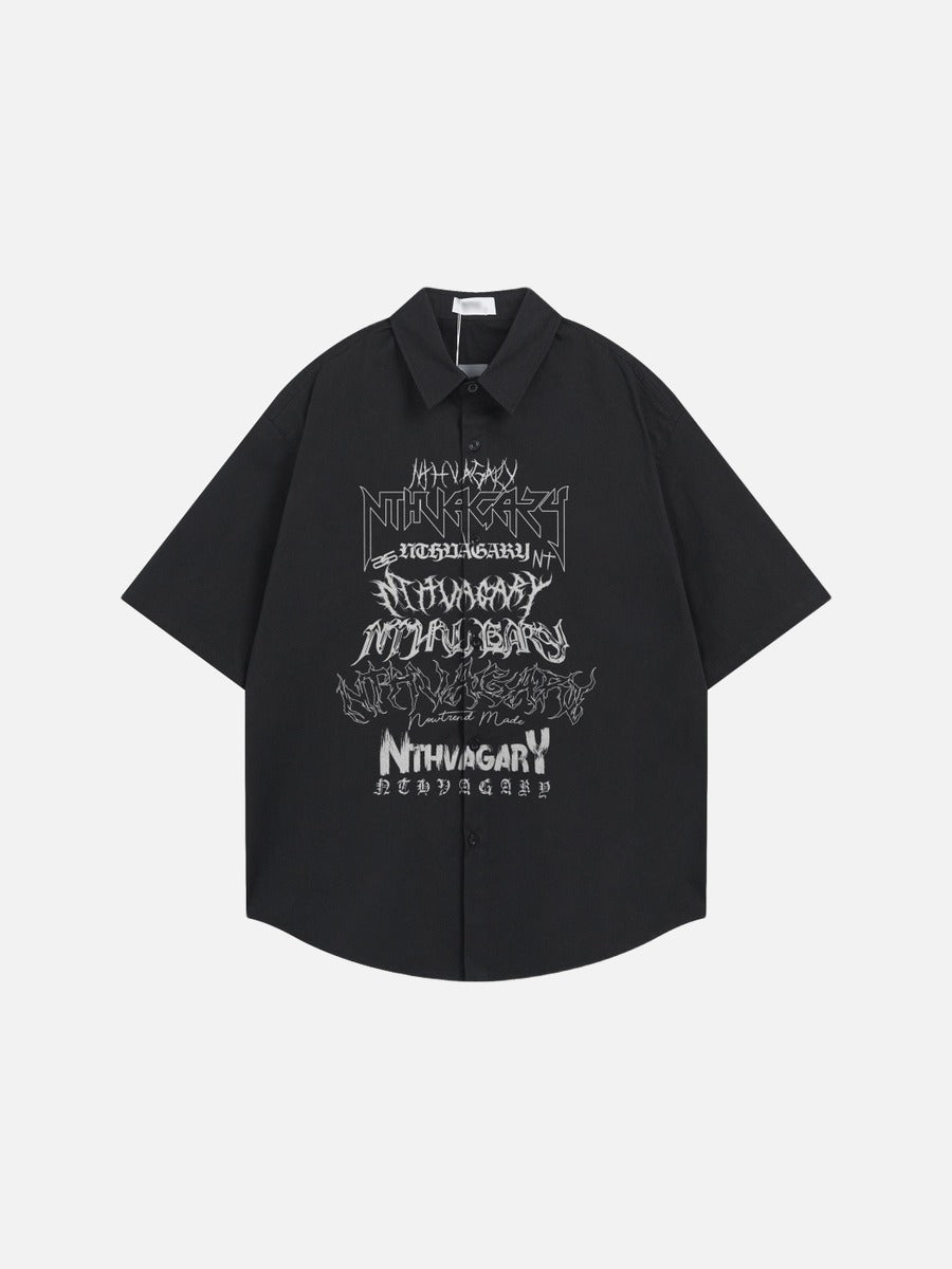 DAXUEN Gothic text button-up shirt in black and white