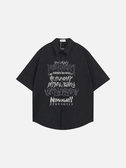 DAXUEN Gothic text button-up shirt in black and white