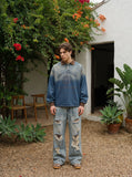 DAXUEN blue gradient denim polo shirt with graphic — model photo