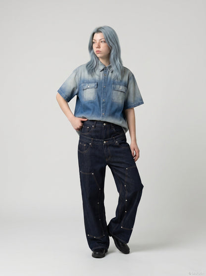 DAXUEN Short-sleeved gradient denim shirt — model photo