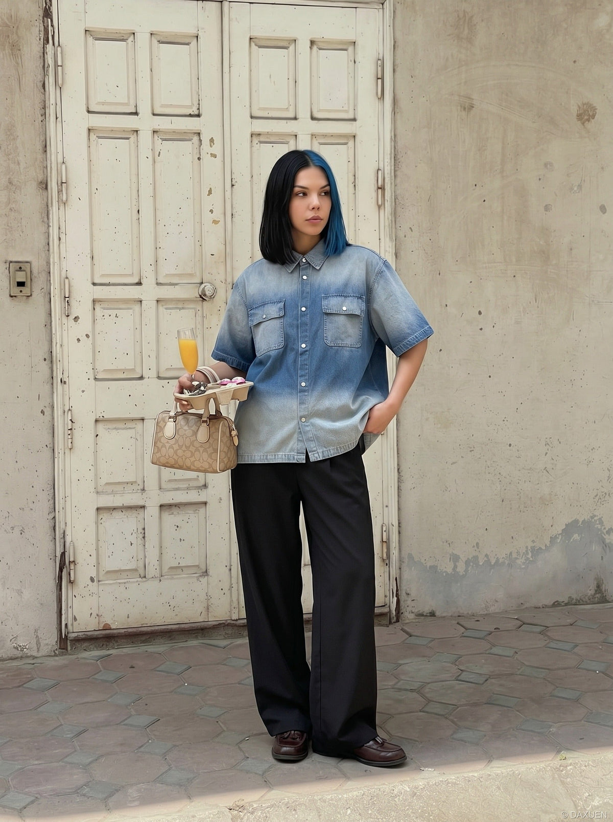DAXUEN Short-sleeved gradient denim shirt — model photo