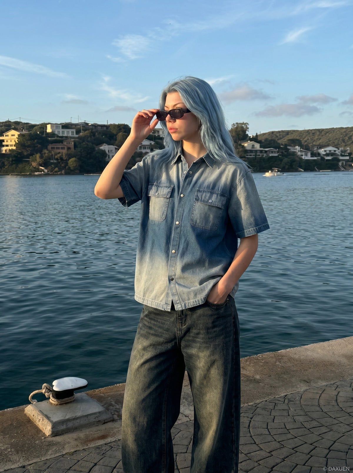 DAXUEN Short-sleeved gradient denim shirt — model photo
