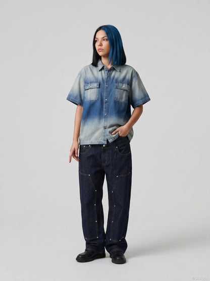 DAXUEN Short-sleeved gradient denim shirt — model photo