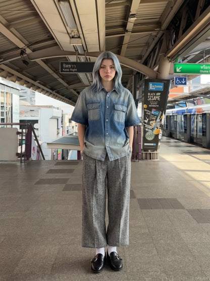 DAXUEN Short-sleeved gradient denim shirt — model photo