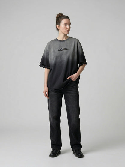 DAXUEN Gradient distressed crew neck t-shirt with gothic embroidery — model photo