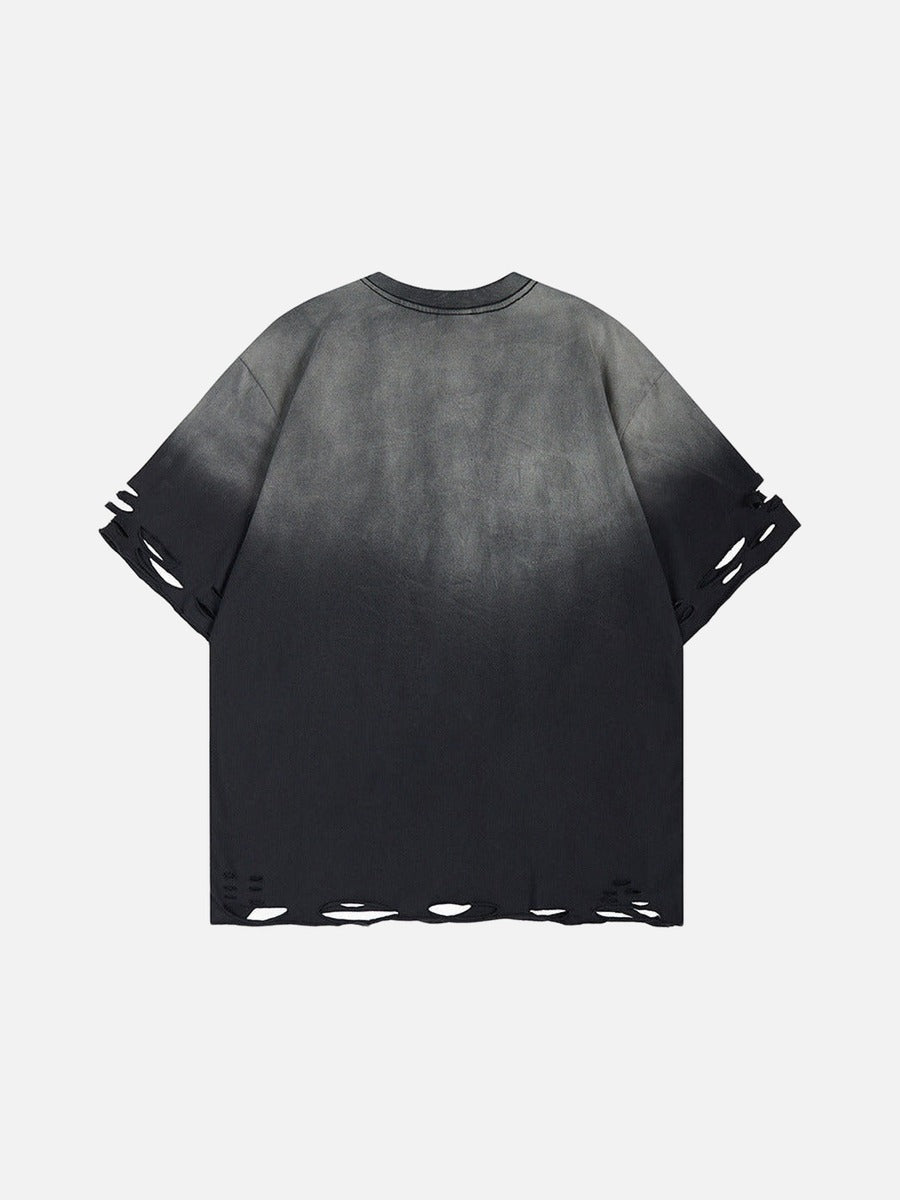 DAXUEN Gradient distressed crew neck t-shirt with gothic embroidery