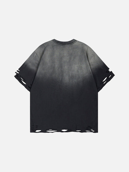 DAXUEN Gradient distressed crew neck t-shirt with gothic embroidery