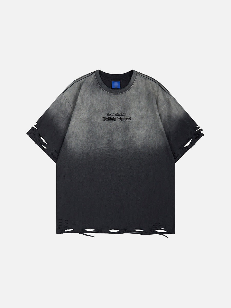 DAXUEN Gradient distressed crew neck t-shirt with gothic embroidery