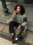 DAXUEN Oversized long-sleeve crewneck pullover with gradient color blocking — model photo