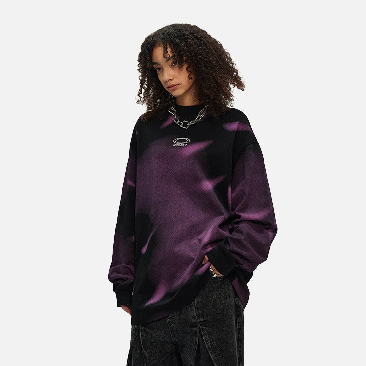 DAXUEN Black and purple gradient oversized long sleeve tee — model photo