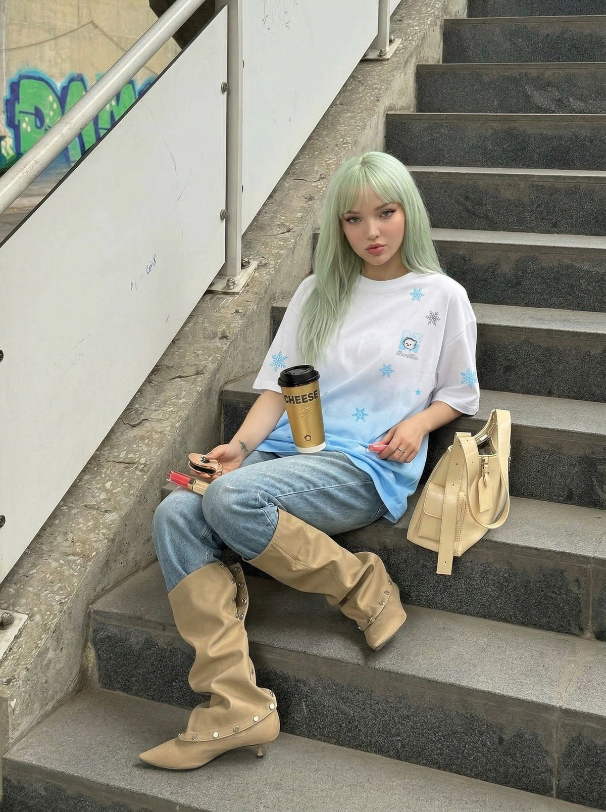 DAXUEN Gradient snowflake graphic t-shirt with dog character — model photo