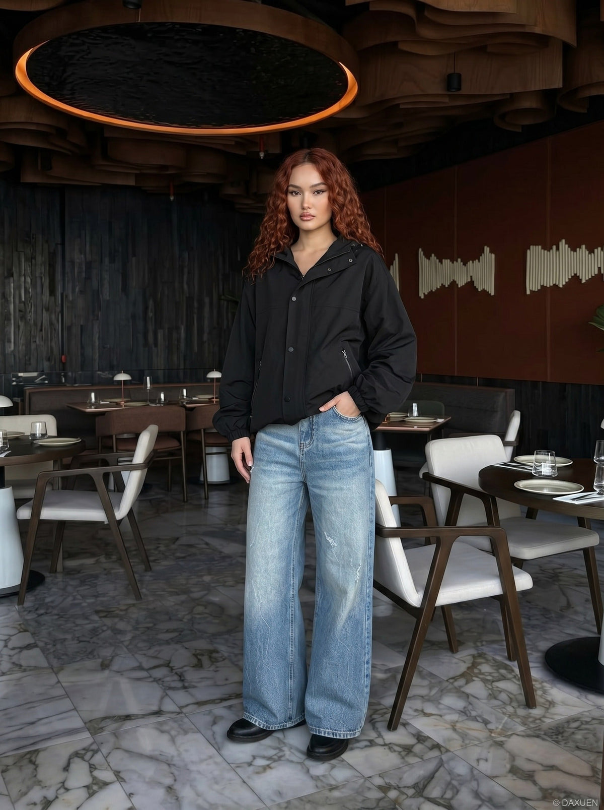 DAXUEN Light blue wide-leg denim jeans with gradient wash — model photo
