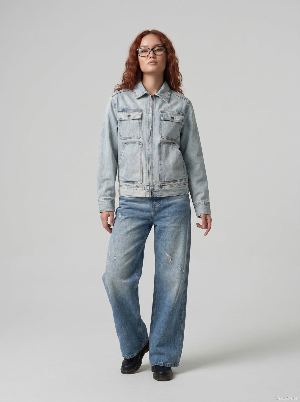 DAXUEN Light blue wide-leg denim jeans with gradient wash — model photo