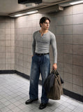 DAXUEN Gradient wide-leg denim jeans with multi-panel construction — model photo