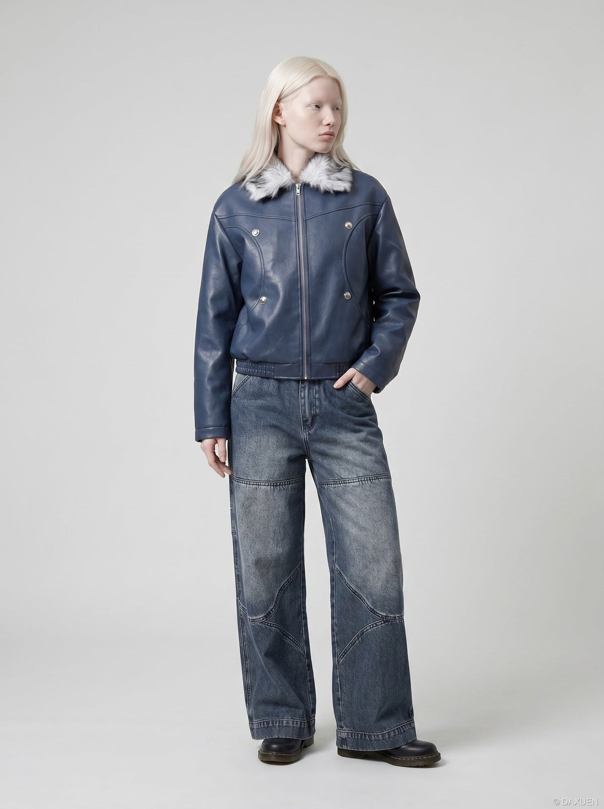 DAXUEN Gradient wide-leg denim jeans with multi-panel construction — model photo