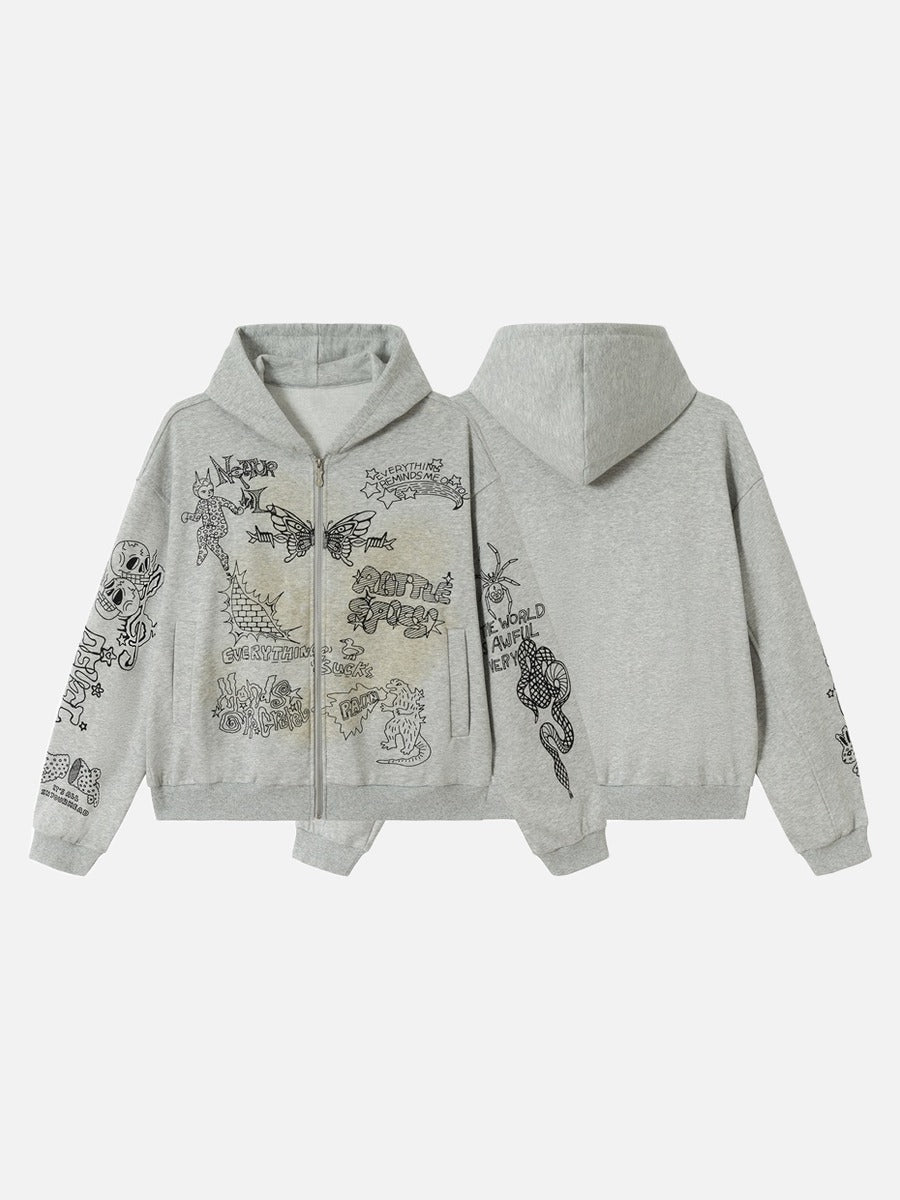 DAXUEN light grey marl oversized graffiti doodle zip hoodie