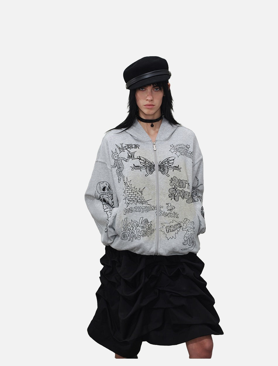 DAXUEN light grey marl oversized graffiti doodle zip hoodie