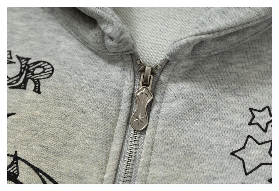 DAXUEN light grey marl oversized graffiti doodle zip hoodie