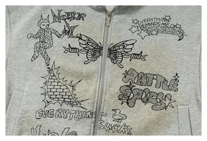 DAXUEN light grey marl oversized graffiti doodle zip hoodie
