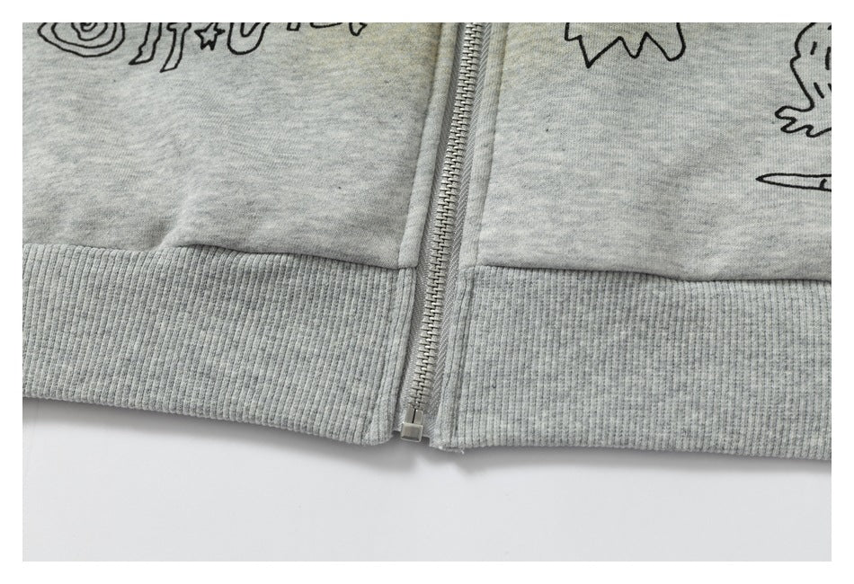 DAXUEN light grey marl oversized graffiti doodle zip hoodie
