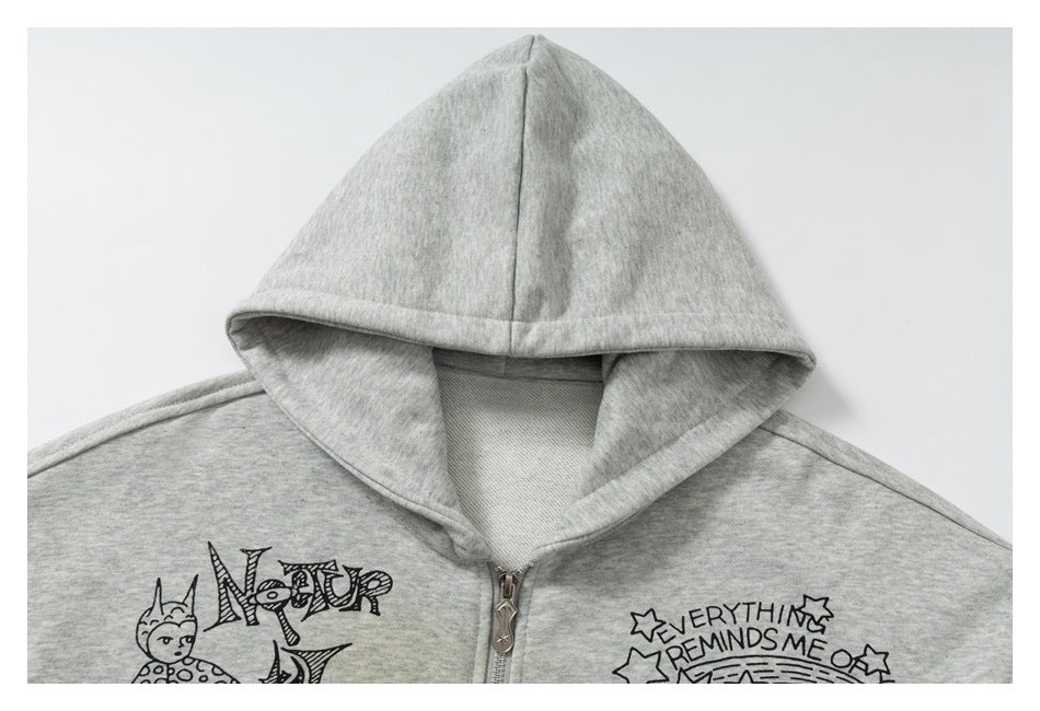 DAXUEN light grey marl oversized graffiti doodle zip hoodie