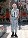 DAXUEN light blue-grey acid-wash graphic busts muscle tank — model photo