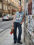 DAXUEN light blue-grey acid-wash graphic busts muscle tank — model photo