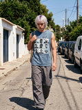 DAXUEN light blue-grey acid-wash graphic busts muscle tank — model photo