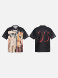 DAXUEN Oversized black graphic V-neck T-shirt with canine print