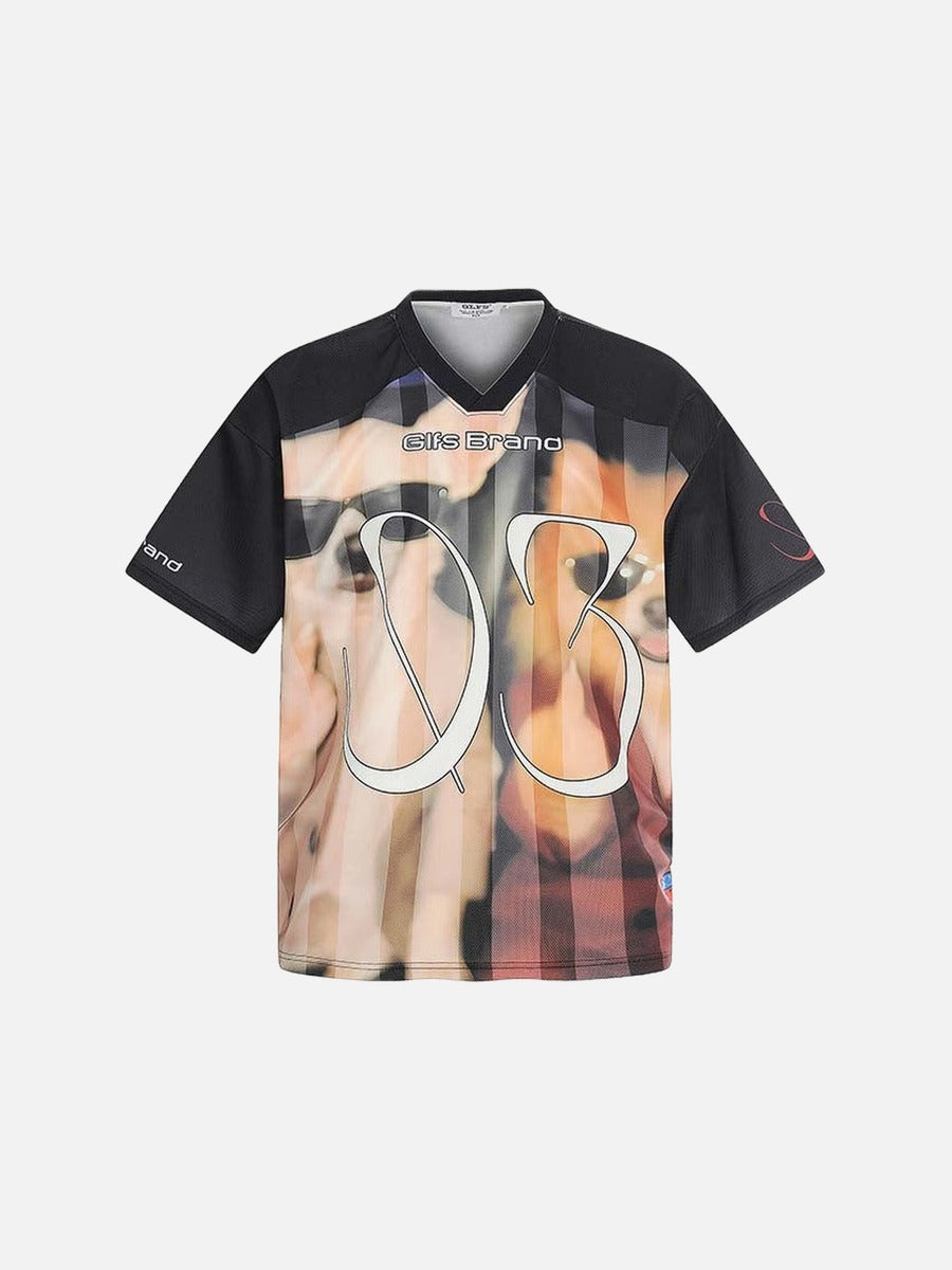 DAXUEN Oversized black graphic V-neck T-shirt with canine print